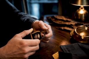 Hands preparing a cigar for smoking