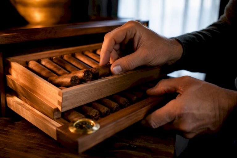 Hands rotating cigars in desktop humidor