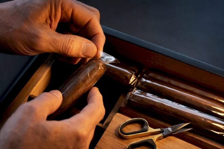 Hands partially opening cigar cellophane sleeve
