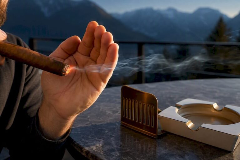 Hand shielding cigar smoke from wind