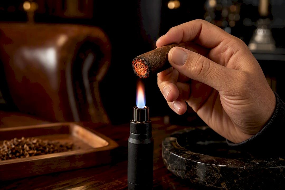 Cigar foot being evenly toasted