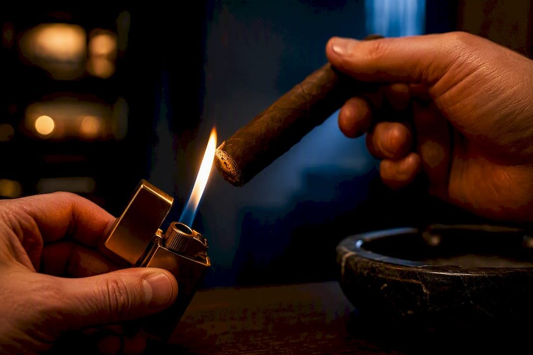 Hands warming a cigar foot over flame