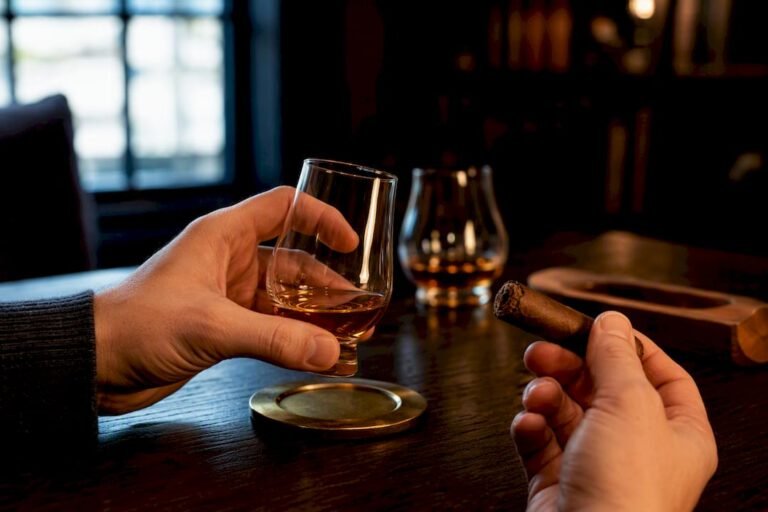 Cigar and whiskey pairing tasting setup