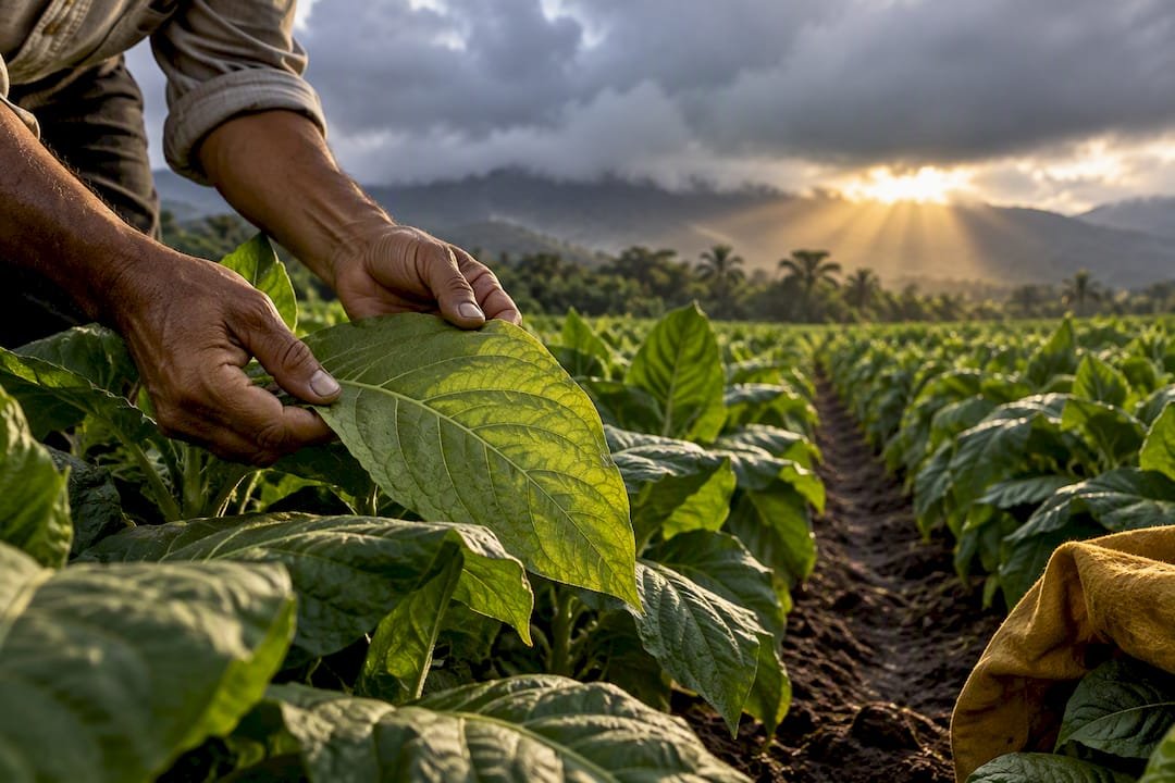 Ecuadorian tobacco field beneath cloud cover