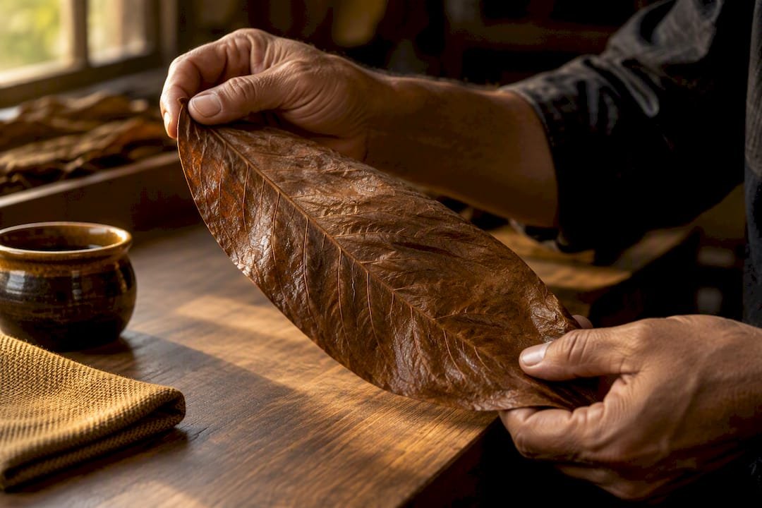 Hands inspecting a supple tobacco wrapper leaf