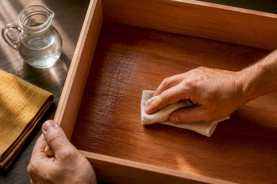 Hands seasoning a cedar humidor interior