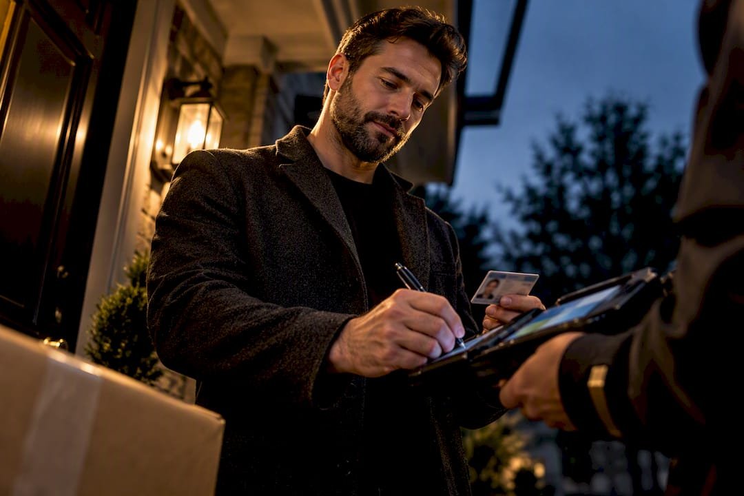 Adult signing for a tobacco delivery