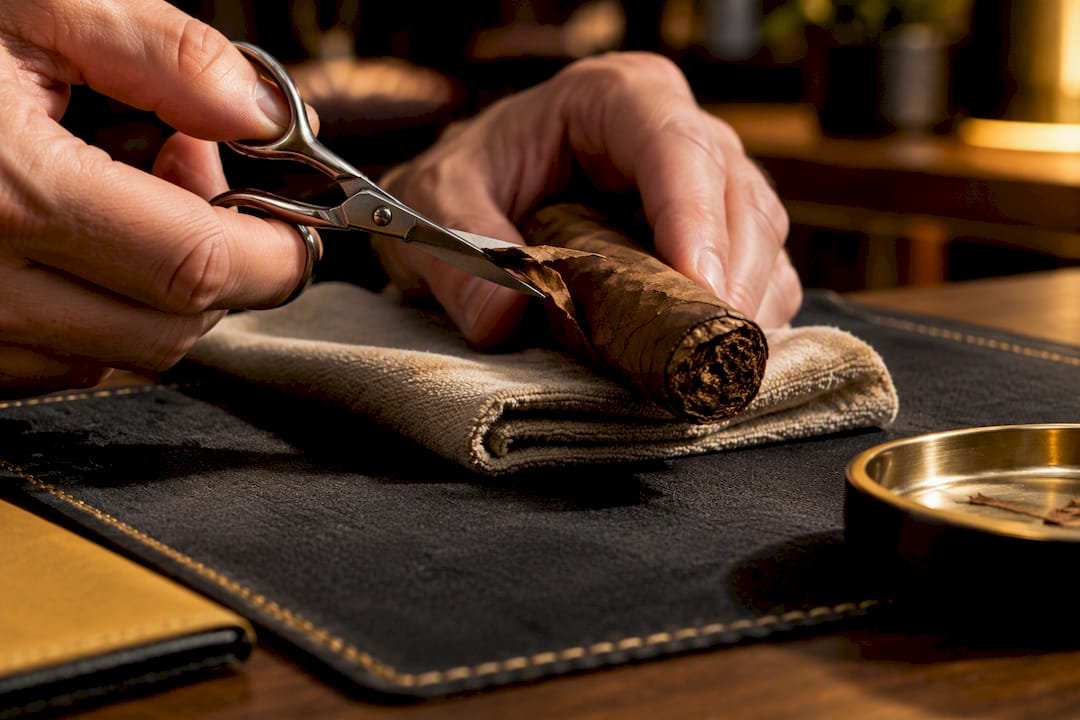 Scissors trimming a loose cigar wrapper edge