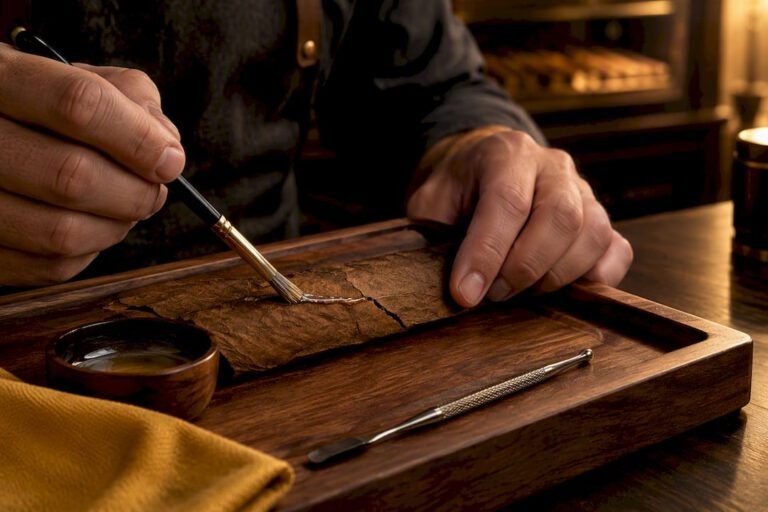 Close-up of pectin sealing a cracked cigar wrapper