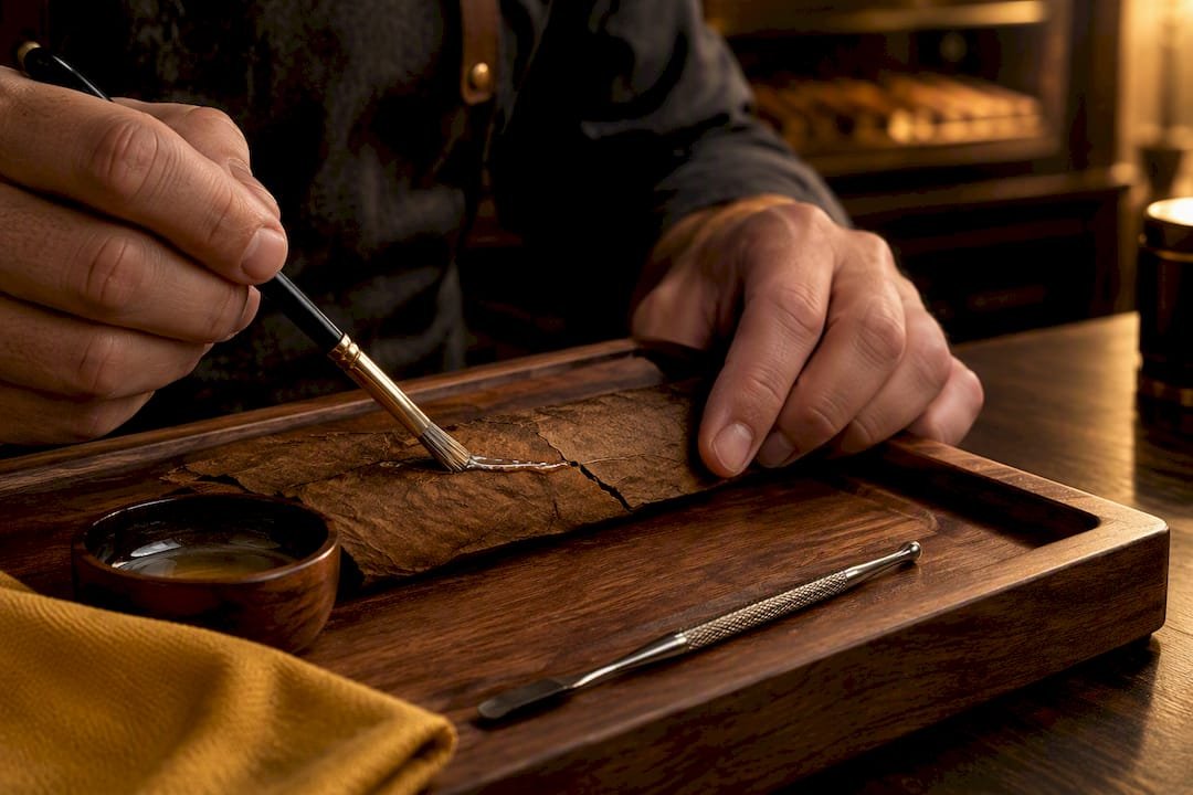 Close-up of pectin sealing a cracked cigar wrapper