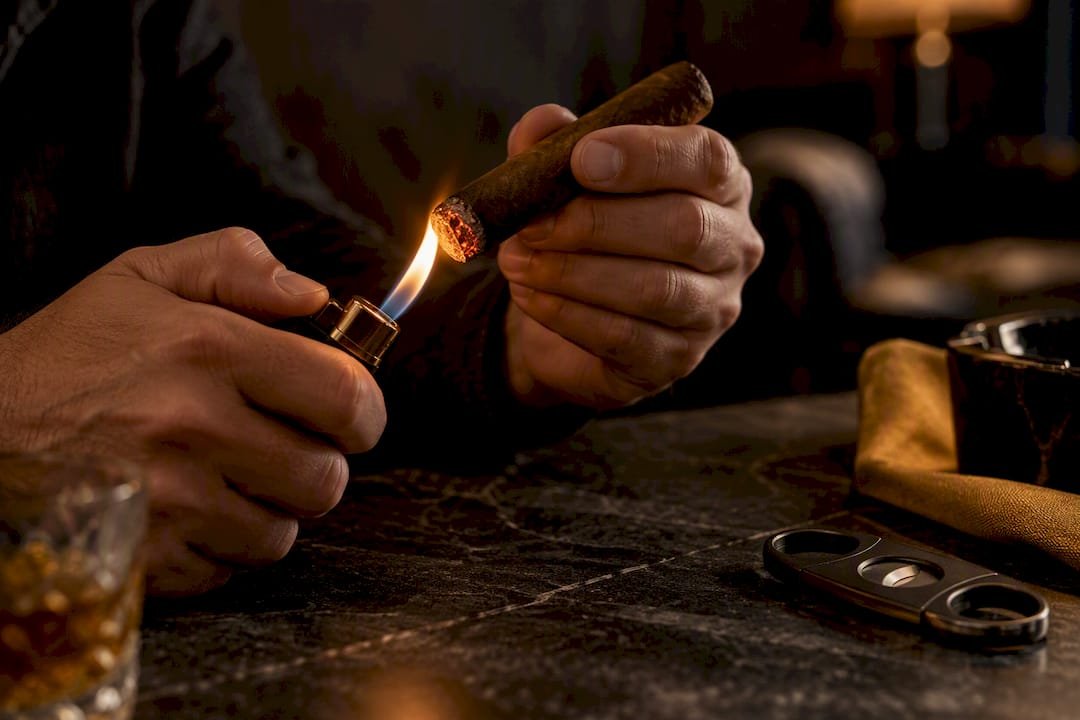 Cropped cigar foot rotating above flame