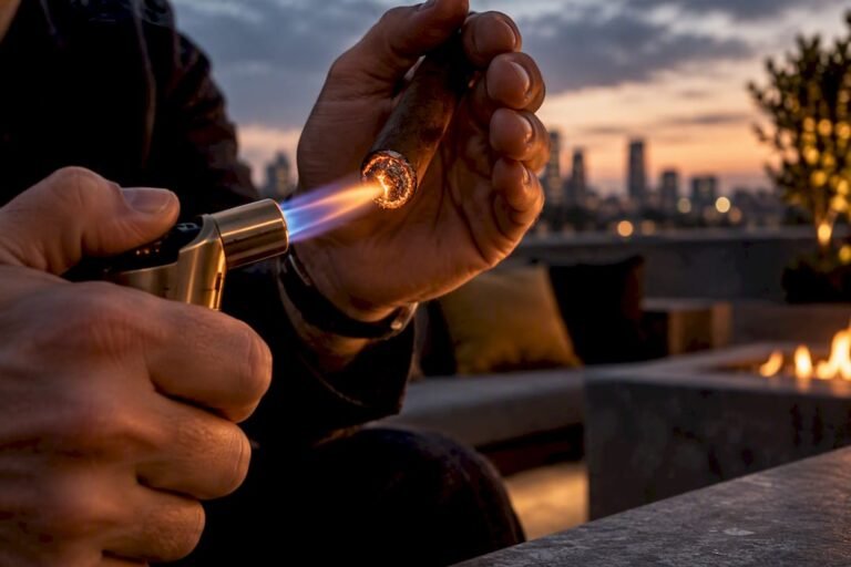 Hands shielding cigar flame from wind