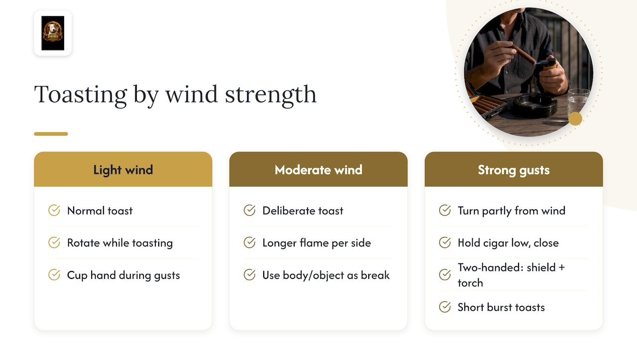 Cigar lighting techniques by wind strength