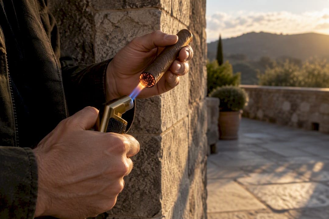 Smoker using wall as windbreak outdoors