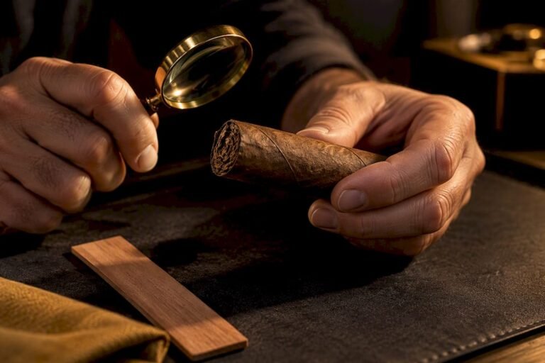 Hands inspecting a dried cigar wrapper