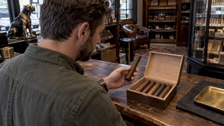 Buyer comparing six cigars in an open box