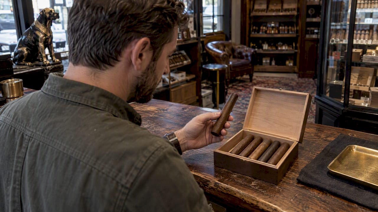 Buyer comparing six cigars in an open box