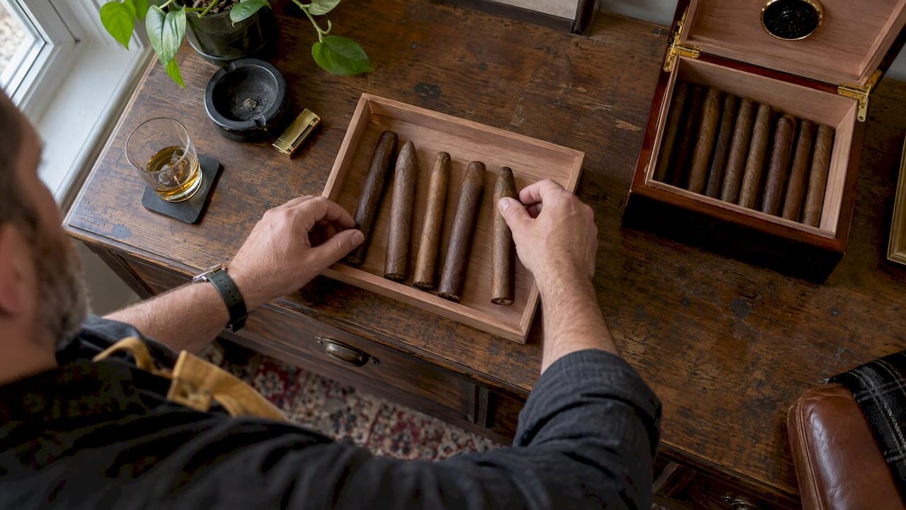 Five-stick cigar sampler arranged in cedar tray