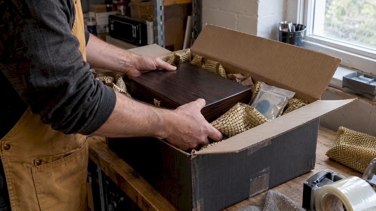 Hands packing cigars in a shipping box
