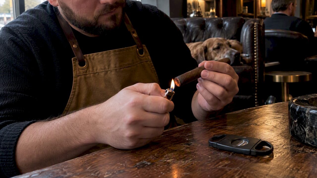 Hands rotating cigar during careful lighting
