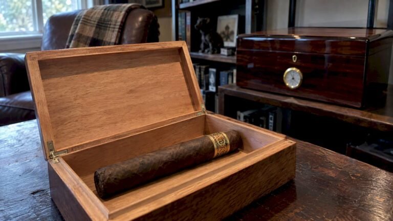 Cigar resting in an open cedar box