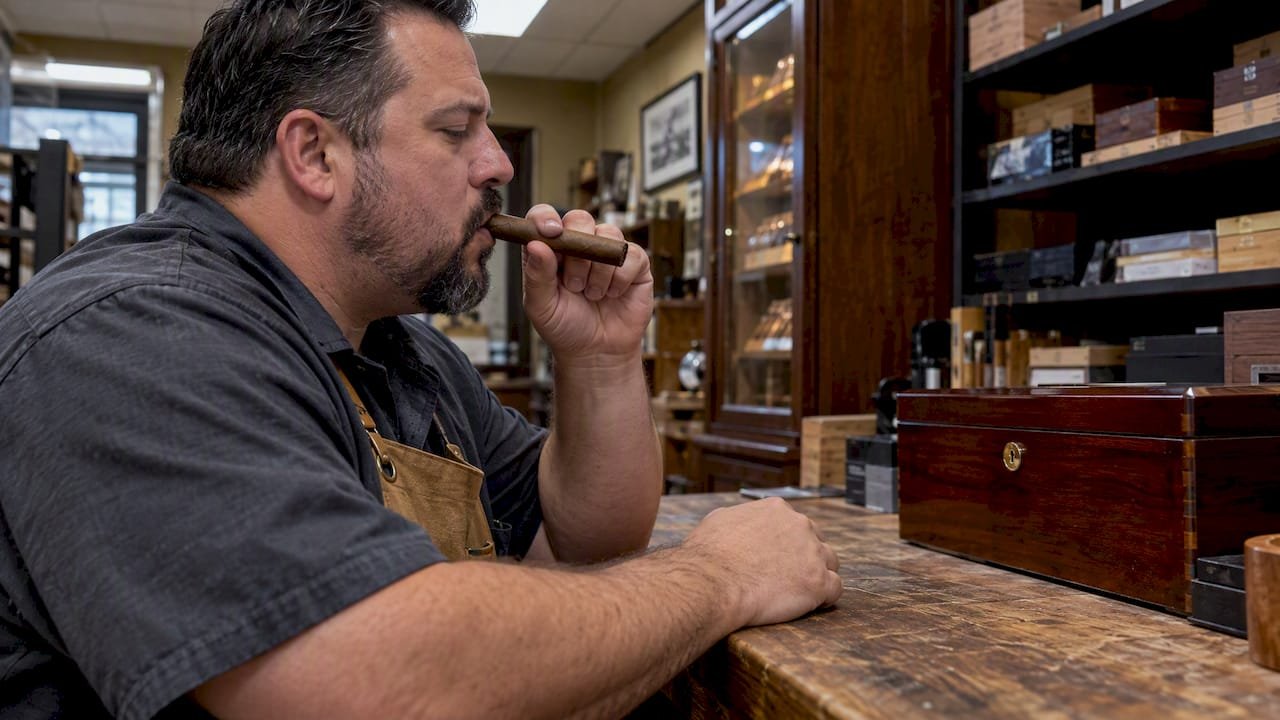 Tobacconist testing airflow through an unlit cigar