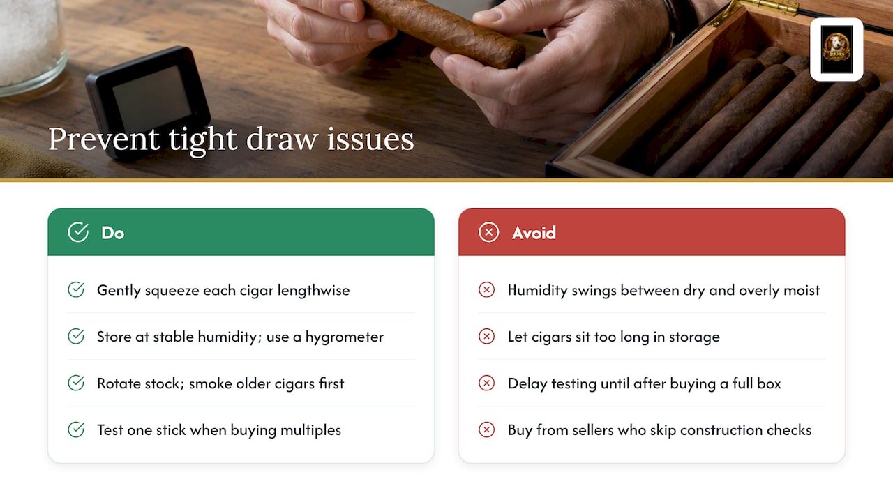 Preventive tips to avoid tight draw issues in future cigars — overview diagram