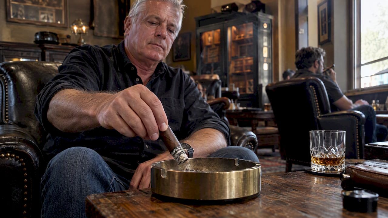 A smoker gently tapping cigar ash into an ashtray