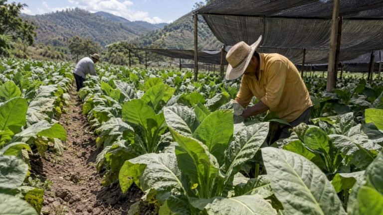 Tobacco rows growing beneath shade in Honduras