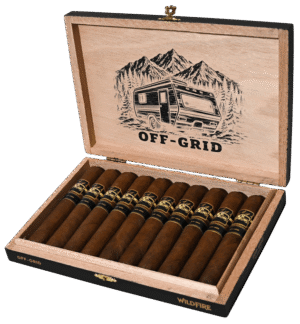 Wildfire Off-Grid Robusto Extra cigars in an open 10-count box